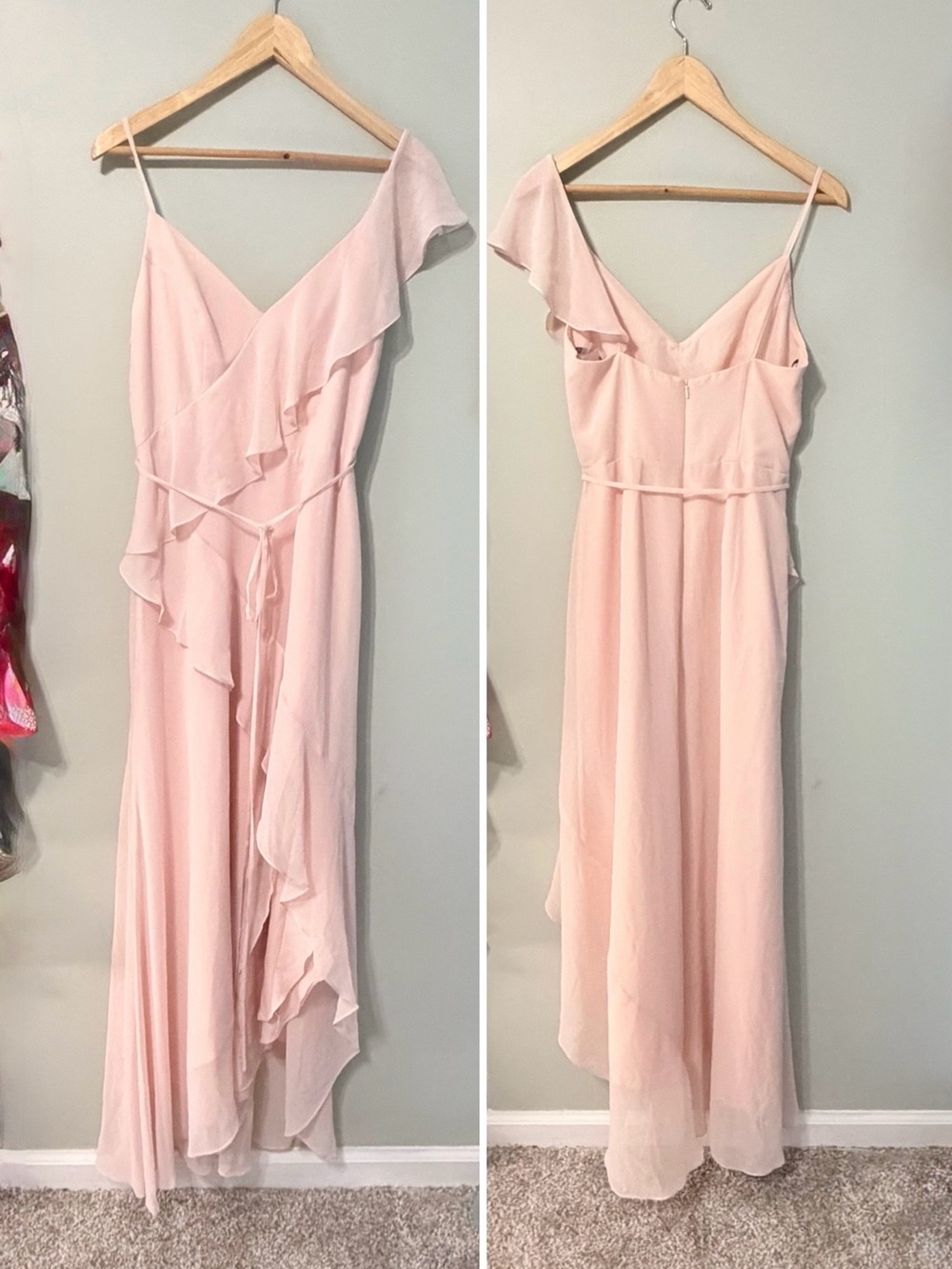 Vera Wang One-Shoulder Ruffle Wrap Dress in Blush